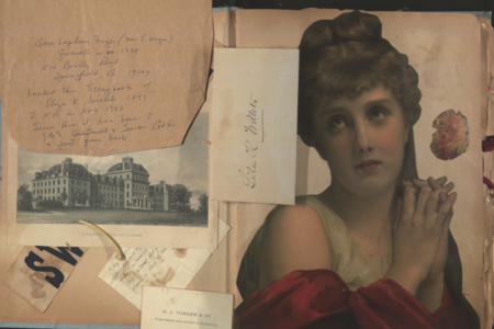 Scrapbook containing a cut out painting of a woman, a picture of Parrish Hall, and various notes