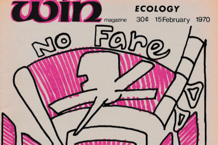 Cover of WIN magazine, pink and black illustration, with next "No Fare"