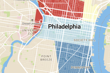 Map of Philadelphia divided into four color-coded regions