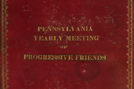 Close up of red book cover with gold text saying "Pennsylvania Yearly Meeting of Progressive Friends" and gold trim