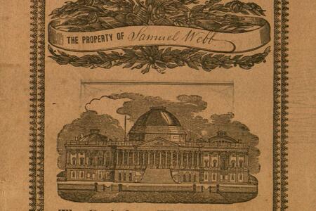 Engraving showing the Capitol building and above it some flowers and the text "The Property of Samuel Webb"