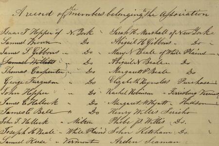 Handwritten "record of the members belonging to the Association," including Abby Hopper Gibbons and Isaac T Hopper, among others