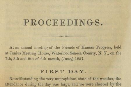Close up of printed text of the proceedings of an annual meeting at Junius Meeting House